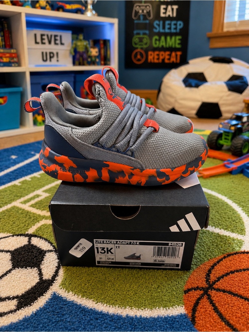 Adidas Boys Gray Knit Sneakers with Orange Camo Sole